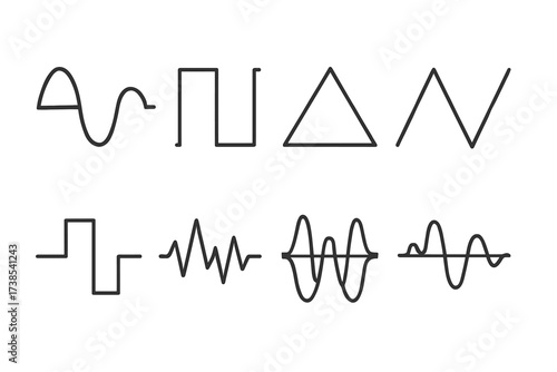 Audio Waveform Icons. Outline icon set of audio waveforms: sine wave, square wave, triangle wave, sawtooth wave, pulse wave, noise wave, stereo waveform, mono