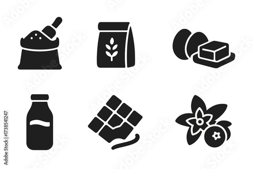 Dessert Ingredients Icons. Solid, filled icon set of dessert ingredients: sugar, flour, eggs, butter, milk, chocolate, vanilla, berries. Line icons in only