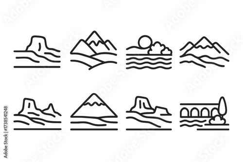 Iranian Landscape Icons. Outline icon set of Iranian landscapes: Dasht-e Kavir, Alborz Mountains, Caspian Sea, Zagros Mountains, Persian Gulf, Mount Damavand,