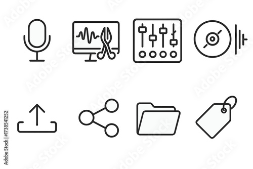 Sound Workflow Icons. Outline icon set of sound pack workflow: recording, editing, mixing, mastering, exporting, sharing, organizing, tagging. [Line icons in
