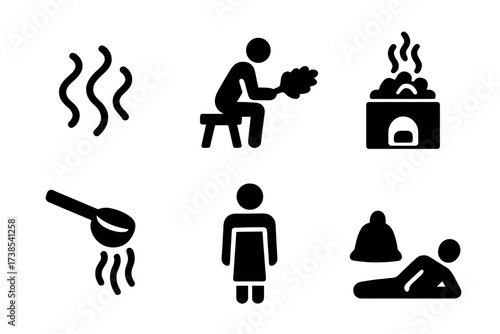 Russian Sauna Icons. Solid, filled icon set of Russian sauna traditions: steam, broom hitting, wooden bench, sauna stove, water pouring, towel wrap, sauna hat,