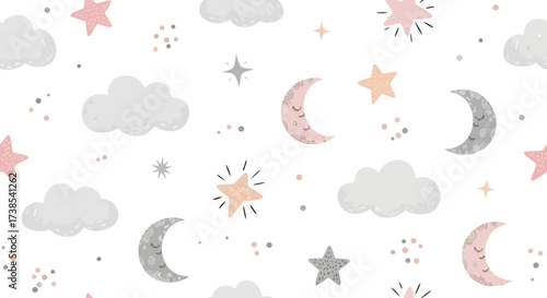 A Soft Dreamy Pattern Featuring Clouds Moons and Stars in Pastel Colors Perfect for Nursery Decor and Childrens Designs