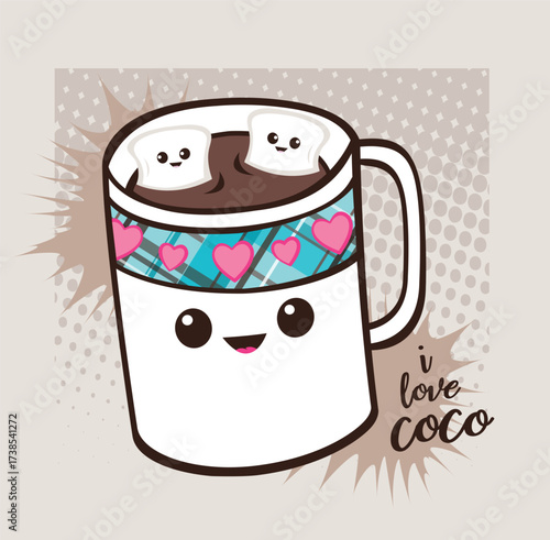 Cute cup of hot chocolate and marshmallow character vector print on a beige background. Apparel textile print.