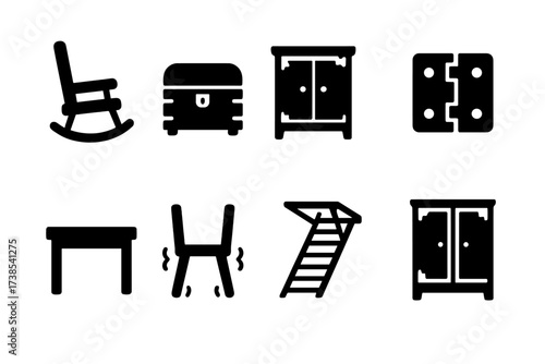 Creaking Furniture Icons. Solid, filled icon set of creaking furniture: rocking chair, wooden chest, old cabinet, door hinge, wooden table, chair legs, attic