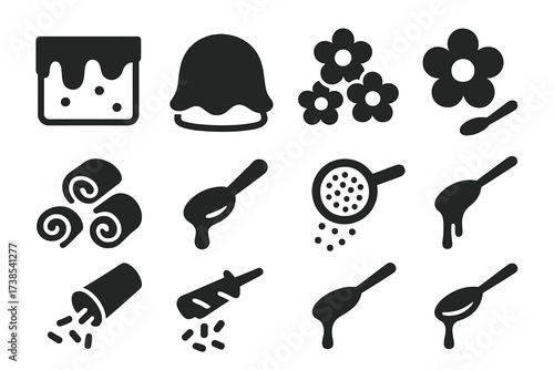 Dessert Decoration Icons. Solid, filled icon set of dessert decorations: icing, fondant, edible flowers, chocolate curls, fruit glaze, powdered
