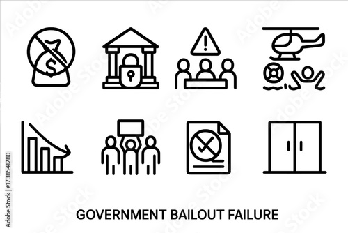 Government Bailout Icons. Outline icon set of government bailout failure: rejected funds, closed bank, emergency meeting, failed rescue, economic collapse,