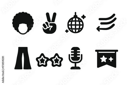 Funk Icon Set. Solid, filled icon set of funk cultural elements: afro hairstyle, peace sign, disco ball, neon lights, bell bottoms, funky glasses, retro