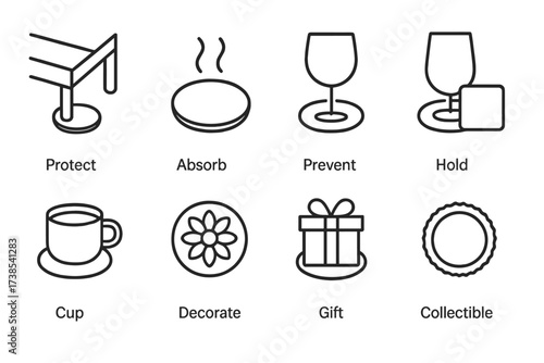 Coaster Function Icons. Outline icon set of coaster functions: protect table, absorb moisture, prevent scratches, hold drink, decorate, brand promotion, gift,