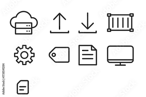 Software Deployment Icons. Outline icon set of software deployment: cloud server, upload arrow, download arrow, container, environment settings, version tag,
