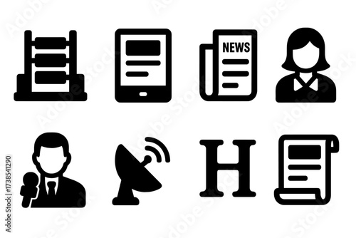 News Icon Set. Solid, filled icon set of news publishing: newspaper press, digital news, print edition, editor, reporter, newswire, headline font, news