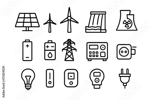 Energy System Icons. Energy systems. Line icon set of energy systems: solar panel, wind turbine, hydro dam, nuclear plant, battery, fuel cell, power line,
