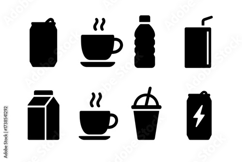 Snack Drink Icons. Solid, filled icon set of snack drinks: soda can, coffee cup, bottled water, juice box, milk carton, tea cup, smoothie cup, energy drink.