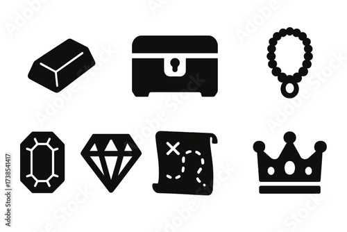 Treasure Artifacts Icons. Solid, filled icon set of treasure artifacts: gold bar, jewel chest, pearl necklace, diamond, ruby, sapphire, treasure map, crown.