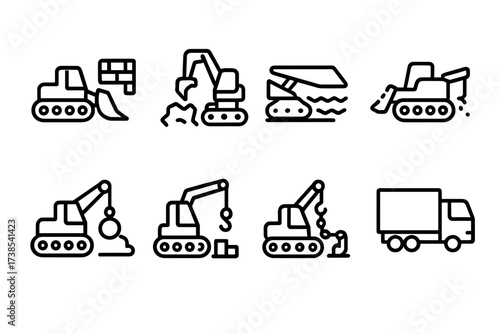Combat Vehicle Icons. Outline icon set of combat engineering vehicle mission types: fortification construction, obstacle removal, river crossing support, mine