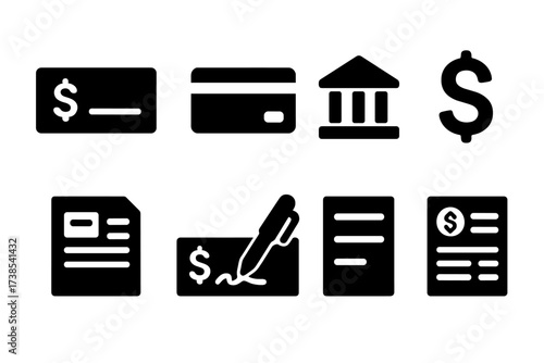 Banking Icons Collection. Solid, filled icon set of checking account essentials: checkbook, debit card, bank building, dollar sign, account statement, pen