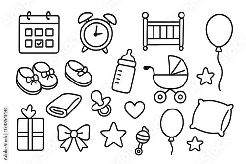 Baby Arrival Doodles. Hand-drawn doodle illustration Baby arrival calendar, clock, crib, stroller, baby shoes, bottle, pacifier, blanket, bow, gift box, heart,