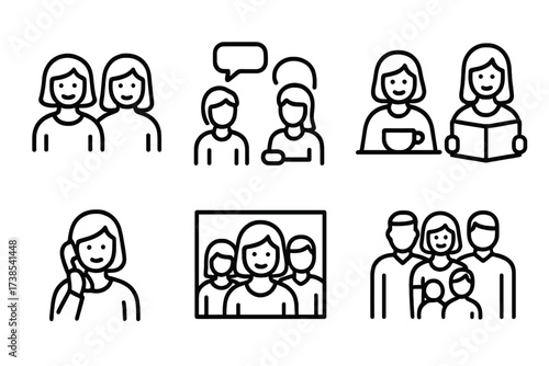 Aunt's Social Icons. Outline icon set of aunt?s social life: friends, chatting, coffee meetup, book club, phone call, group photo, family gathering, social