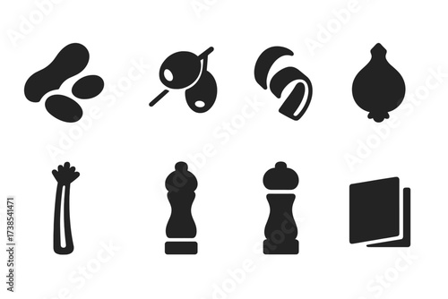 Bar Snacks Icons. Solid, filled icon set of bar snacks and garnishes: peanuts, olives, lemon twist, cocktail onion, celery stick, salt shaker, pepper grinder,