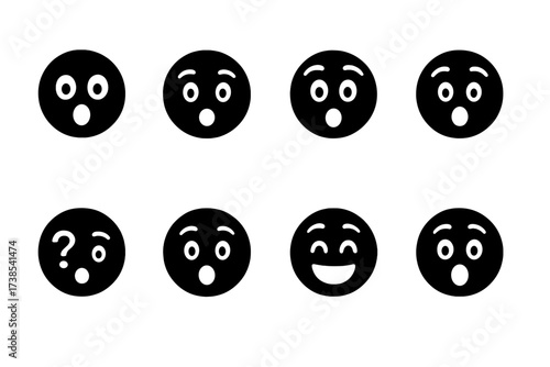 Facial Expression Icons. Solid, filled icon set of facial expressions of surprise: shock, awe, disbelief, amazement, confusion, curiosity,