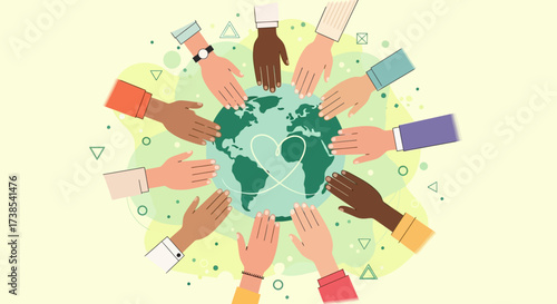 Diverse hands encircling a green planet showing unity and global interconnectedness for a better world