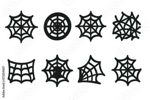 Spider Web Icons. Solid, filled icon set of spider web structures: classic web, spiral web, orb web, tangled web, sheet web, funnel web, corner web, broken