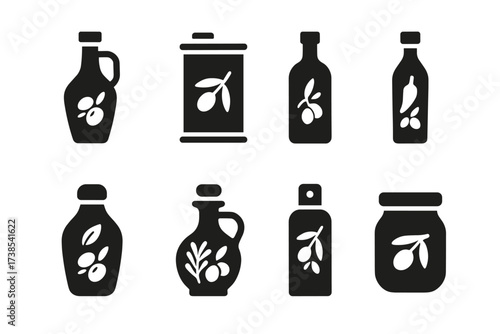 Olive Oil Icons. Solid, filled icon set of olive oil products: olive oil bottle, olive oil can, extra virgin olive oil, flavored olive oil, organic olive oil,