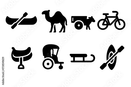 Ethnic Transportation Icons. Solid, filled icon set of ethnic transportation: canoe, camel, ox cart, bicycle, horse saddle, rickshaw, sled, kayak. Solid,