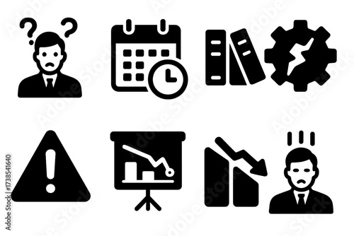 Poor Management Icons. Solid, filled icon set of poor management: confused manager, missed deadline, disorganized files, broken gear, warning sign, failed