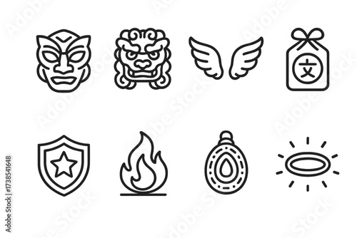 Spiritual Guardian Icons. Outline icon set of spiritual guardians: protective mask, guardian lion, spirit wings, talisman charm, sacred shield, protective