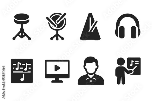 Music Practice Icons. Solid, filled icon set of drum throne practice: music lesson, practice pad, metronome, headphones, sheet music, video tutorial,