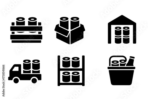 Storage Icon Set. Solid, filled icon set of can storage and transport: crate, box, pallet, warehouse, delivery truck, shelf, cooler, ice bucket. Solid, filled