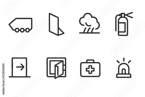 Combat Engineering Safety Icons. Outline icon set of combat engineering vehicle safety and protection: armored hull, blast shield, smoke screen, fire