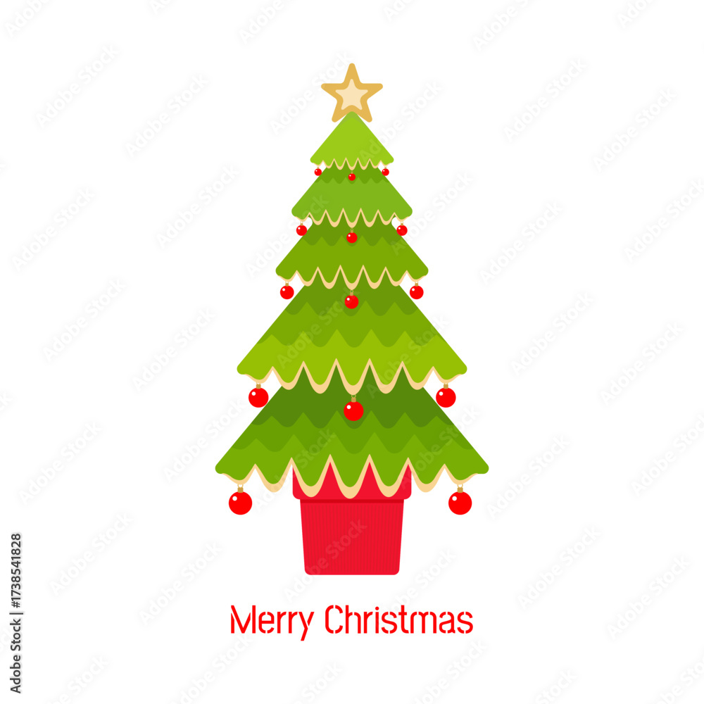 Fototapeta premium Cute Cartoon Christmas Tree with Red Ornaments and Pot