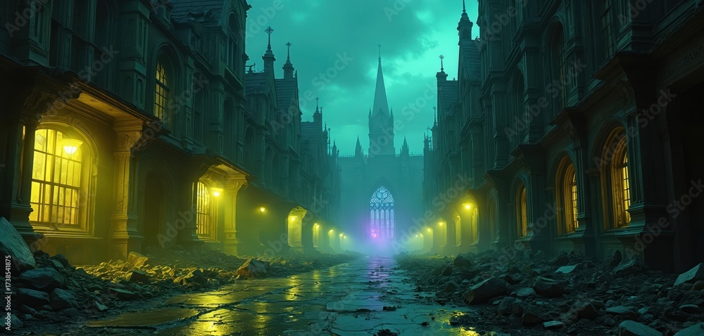 Naklejka premium Abandoned gothic city street at night. Ruins, debris cover ground. Old buildings radiate yellow light. Grand church stands in background with radiant blue window. Eerie post apocalypse town desolate.