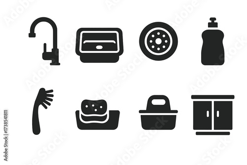 Kitchen Icon Set. Solid, filled icon set of kitchen sink setup: faucet, sink basin, drain strainer, dish soap bottle, dish brush, sponge holder, sink caddy,