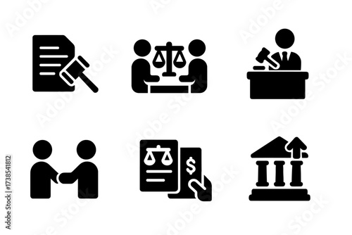 Litigation Icons Grid. Solid, filled icon set of litigation stages: filing, mediation, discovery, trial, settlement, judgment, enforcement, appeal. [Solid,