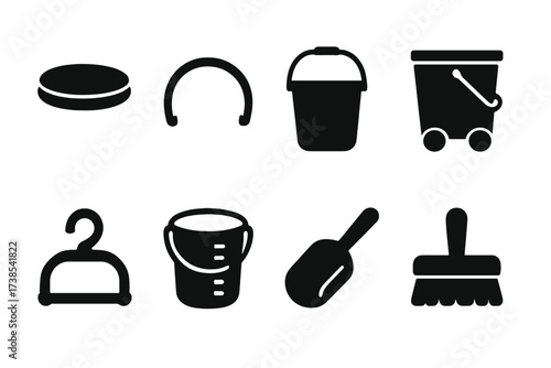 Bucket Icon Set. Solid, filled icon set of bucket accessories: bucket lid, bucket handle, bucket with spout, bucket with wheels, bucket hanger, measuring