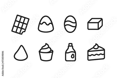 Chocolate Icons Set. Outline icon set of chocolate types: chocolate bar, chocolate truffle, chocolate bonbon, chocolate square, chocolate chip, chocolate