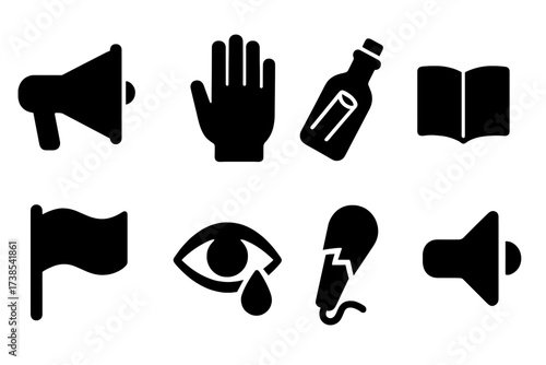 Desperate Plea Icons. Solid, filled icon set of desperate pleas: megaphone, help hand, message in bottle, open book, waving flag, crying eye, broken