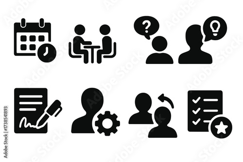 Consultation Process Icons. Solid, filled icon set of consultation steps: appointment booking, client intake, problem analysis, solution proposal, agreement