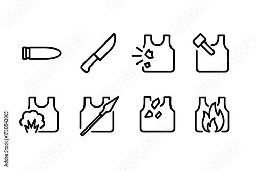 Armor Threats Icons. Outline icon set of armor threats: bullet, knife, shrapnel, blunt force, explosion, stabbing weapon, debris, fire. Line icons in only