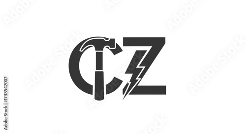 CZ Letter Logo with Hammer and Lightning Bolt Design representing Construction and Energy sectors