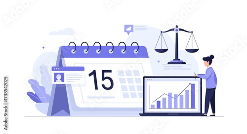 Illustration representing the concept of legal planning and financial review with a calendar and chart analytics display