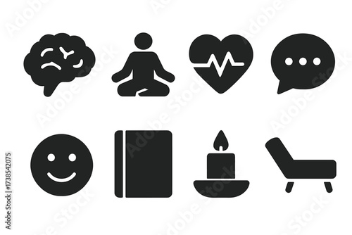 Mental Health Icons. Solid, filled icon set of mental health care: brain, meditation pose, heart with pulse, speech bubble, smiley face, notebook, candle,