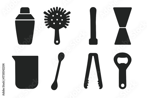 Bar Tools Icons. Solid, filled icon set of jigger related bar tools: shaker, strainer, muddler, jigger, mixing glass, bar spoon, ice tongs, bottle opener.