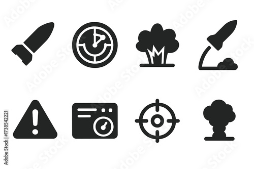 Missile Launch Icons. Solid, filled icon set of missile launch: missile, radar screen, explosion, trajectory, warning sign, control panel, target, smoke trail.