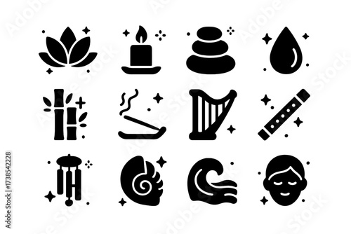 Spa Music Icons. Spa music. Solid icons set of spa music: lotus, candle, zen stone, water drop, bamboo, incense, harp, flute, chimes, seashell, wave, calm