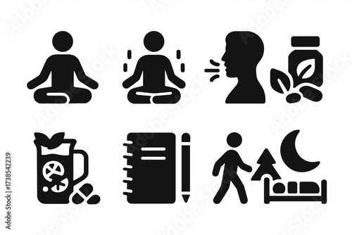 Spa Wellness Icon Set. Solid, filled icon set of spa wellness: yoga pose, meditation, breathing exercise, herbal supplements, detox water, journaling, nature