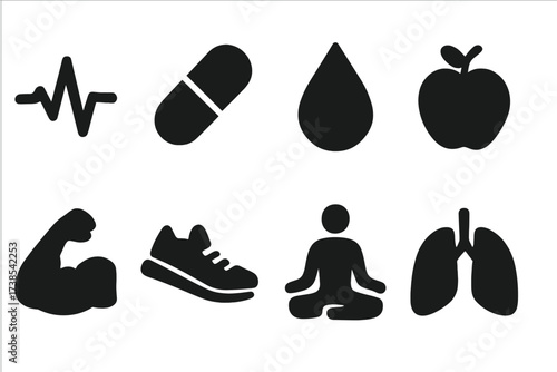 Health and Energy Icons. Solid, filled icon set of health and energy: pulse line, vitamin pill, water droplet, fresh apple, muscle arm, jogging shoe, yoga