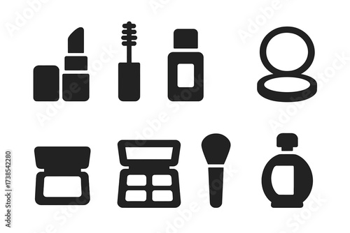 Travel Cosmetics Icons. Solid, filled icon set of travel size cosmetics: mini lipstick, travel mascara, small foundation bottle, compact powder, tiny blush,